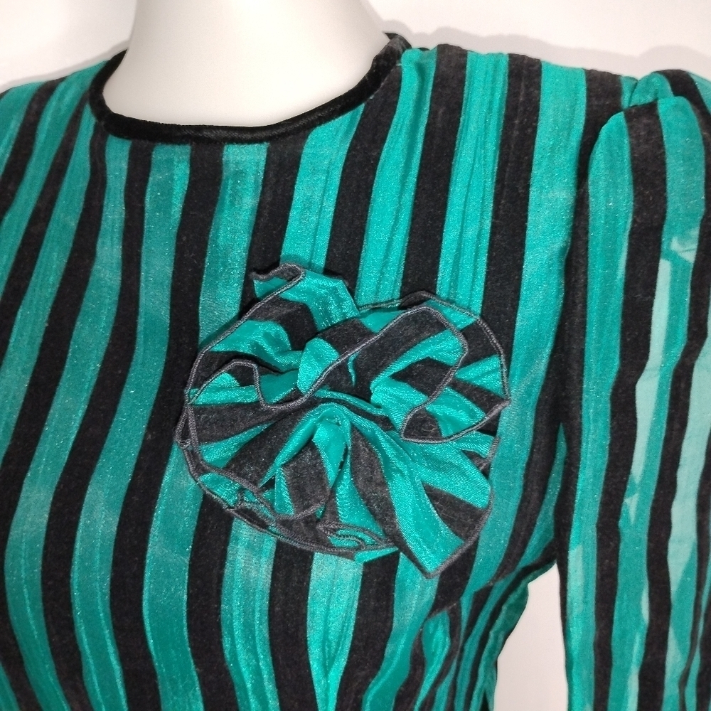 VINTAGE TEAL VOIL AND VELVET STRIPED BLOUSE NWOT